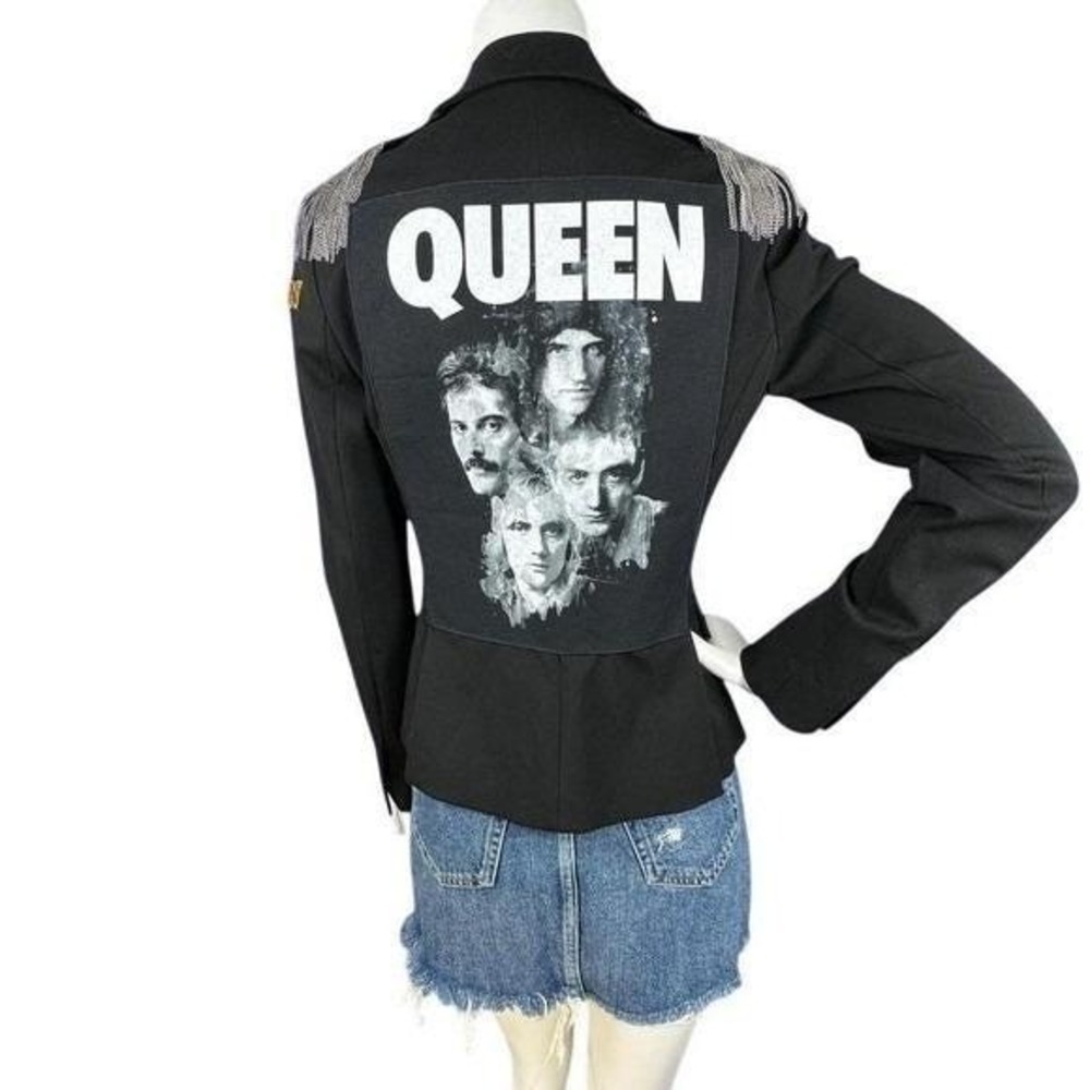 QUEEN Band Jacket Upcycled Military Blazer Jacket 6 Chain‎ Fringe Patch Festival